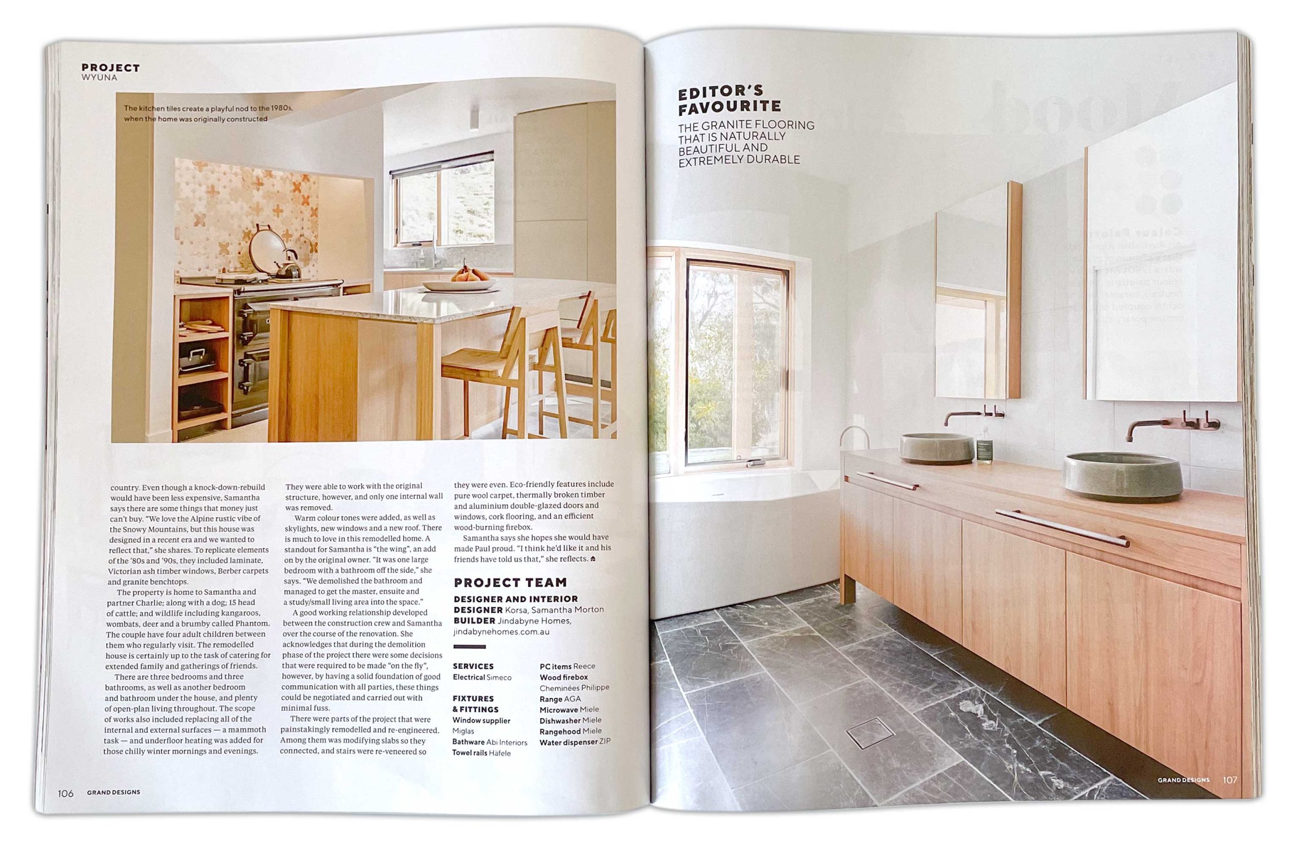 Grand Designs Australia magazine spread featuring the kitchen and bathroom at House Wyuna in Crackenback, NSW, with timber cabinetry, stone surfaces and natural flooring.